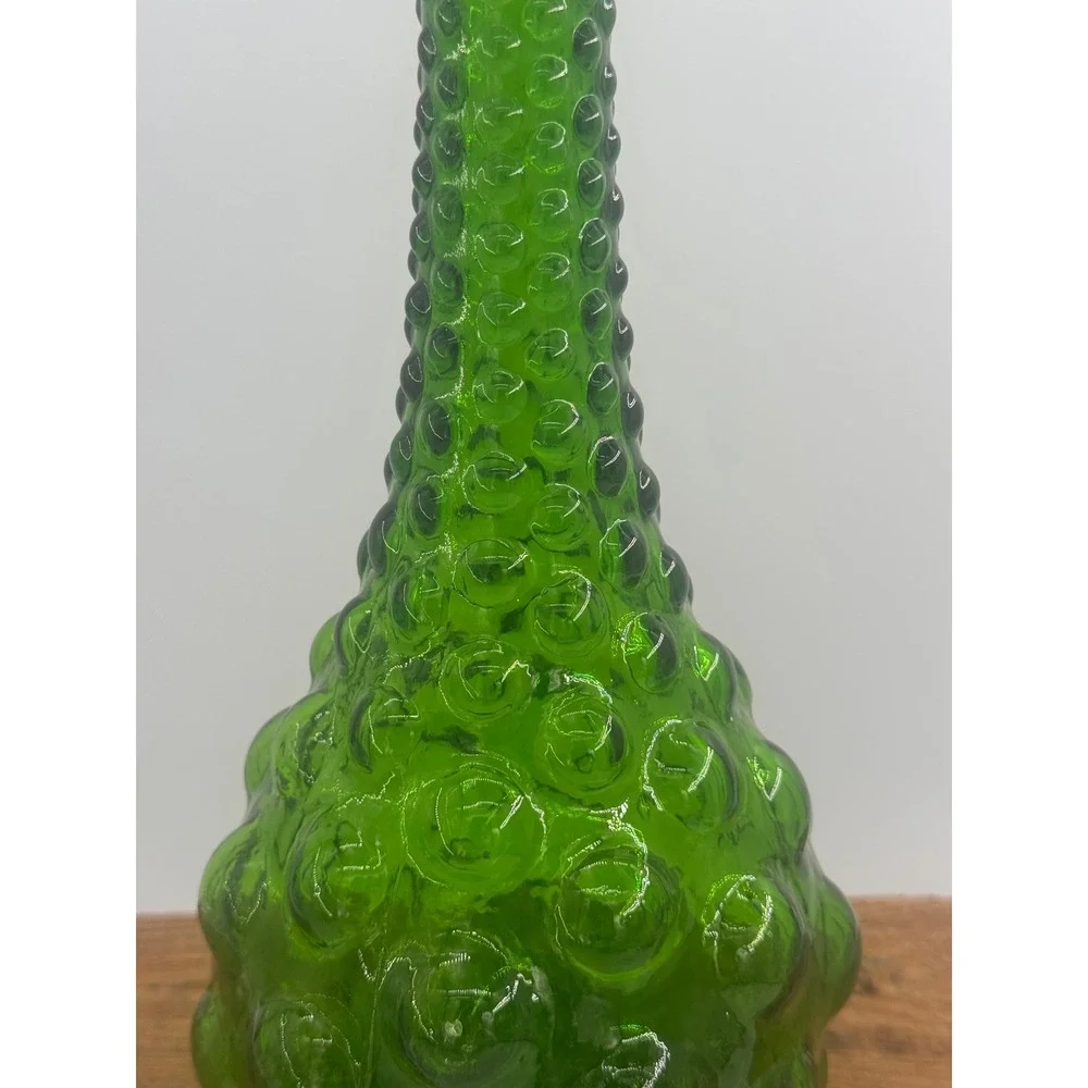 Vintage Green Glass Hobnail Genie Bottle Vase Mid Century Modern Decor 13.5 Inch